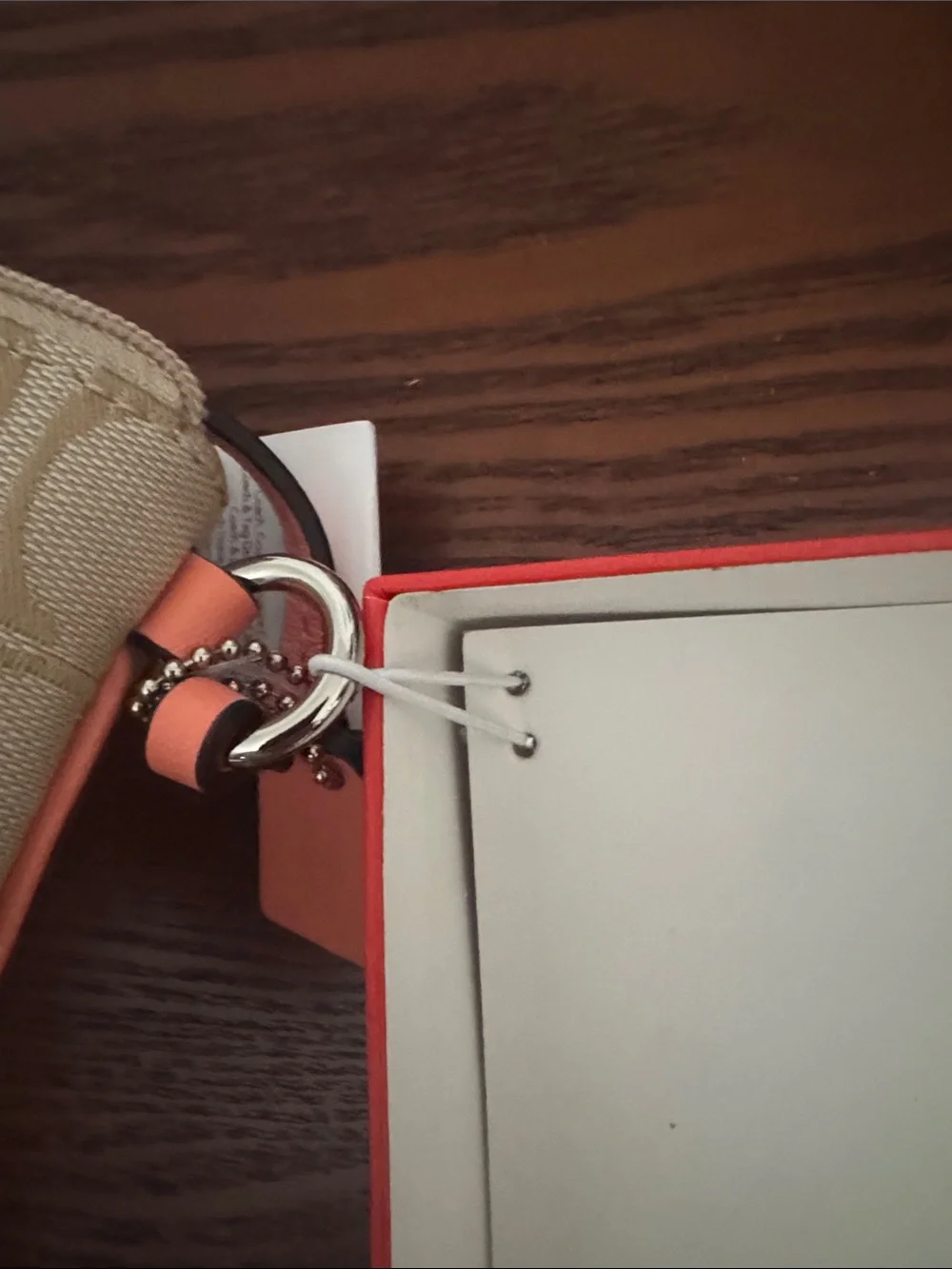 Coach Beige Signature Canvas Wristlet with Coral Stripe